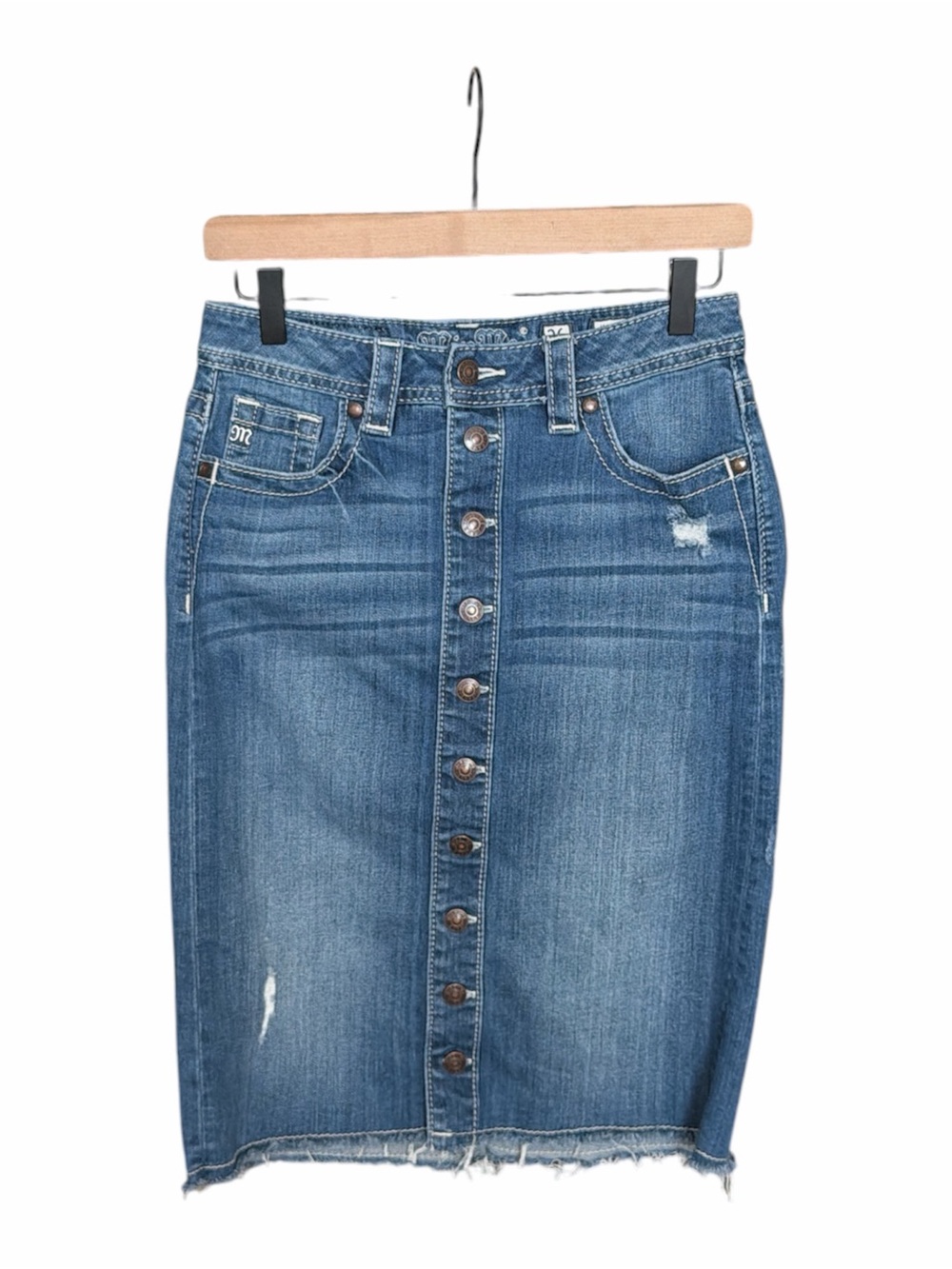 Miss Me mid rise button down denim jean skirt sz 26 raw hem distressing western